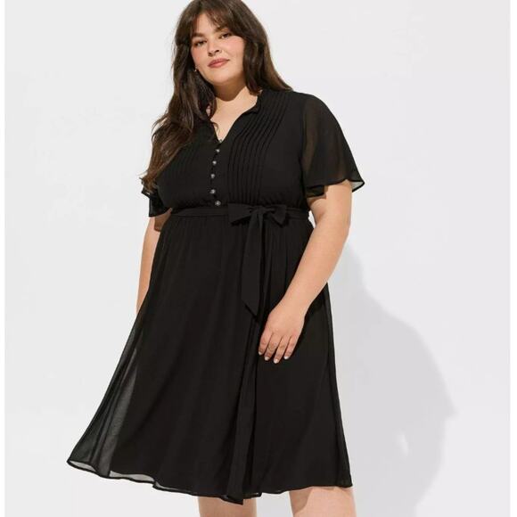 TORRID Midi Chiffon Ruffle Neck Pintuck Dress Deep Black Sz 3X NWT {3X51} - Picture 1 of 4